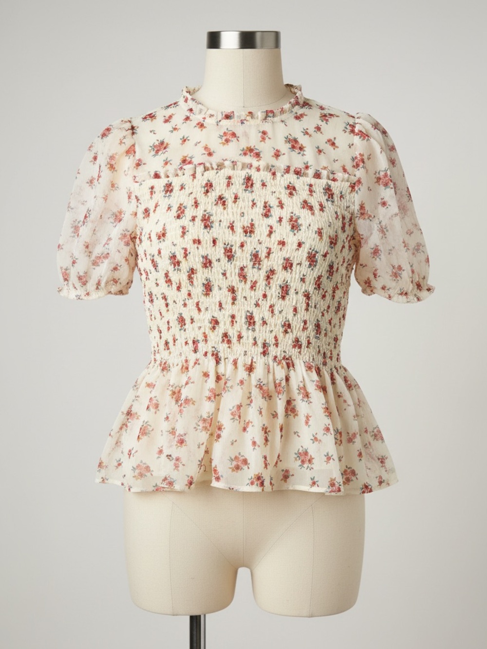 Torrid Womens Chiffon Ruffle Mock Neck Smocked Crop Top Sz 1X Floral Sht  Sleeve